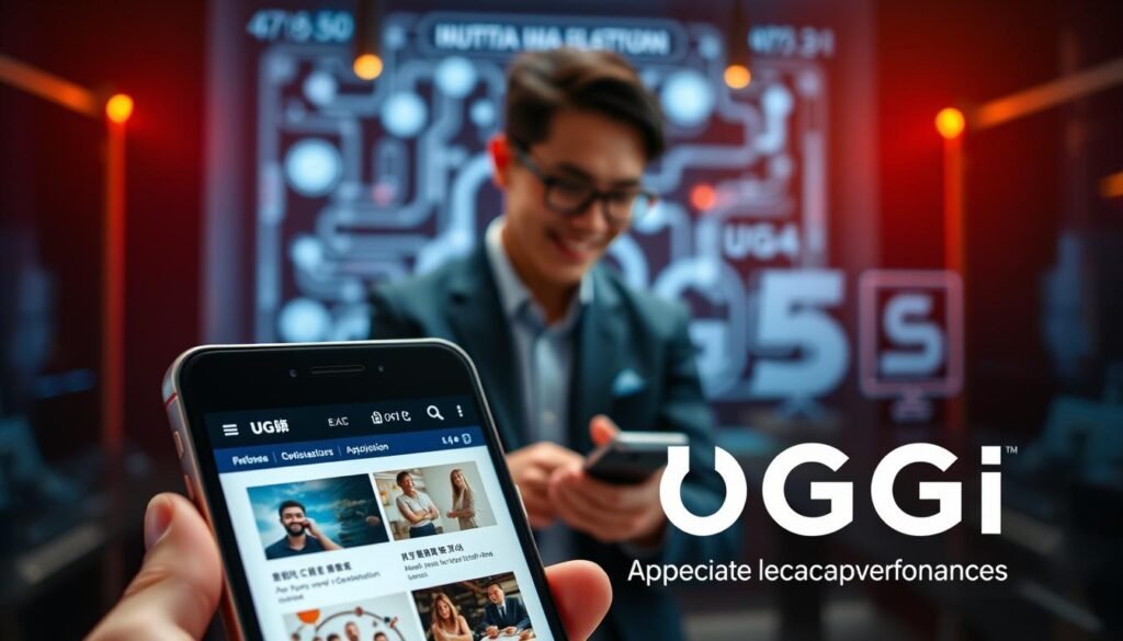 A sleek and modern mobile device displaying the UG娛樂城 website, showcasing its optimized user interface for seamless navigation. The foreground features a close-up of the phone screen, demonstrating the responsive design with engaging visuals and user-friendly controls. In the middle, a professional-looking person, dressed in smart casual attire, interacts happily with the device, illustrating user satisfaction. The background portrays a tech-savvy environment with ambient soft lighting that gives a futuristic feel, complemented by digital graphics highlighting speed and performance improvements. The overall mood reflects innovation, efficiency, and a smooth user experience, inviting viewers to appreciate the mobile optimization of UG娛樂城.