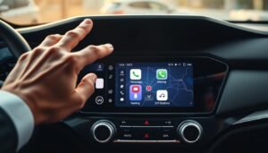 A sleek digital car dashboard showcasing the CarPlay interface with a clear view of its calendar integration feature. In the foreground, a hand reaches out to interact with the touchscreen, displaying an upcoming meeting location highlighted on a map. The middle space emphasizes the vibrant and user-friendly interface of CarPlay, with icons for messaging, navigation, and calendar in soft, glowing colors. The background features a stylish car interior, with modern design elements and ambient lighting that suggests a professional atmosphere. The scene is captured from a slightly angled viewpoint, illuminated by soft, natural light filtering through a car window, conveying a sense of efficiency and readiness for a busy business day. The overall mood is professional and focused, ideal for illustrating the functionality of CarPlay.