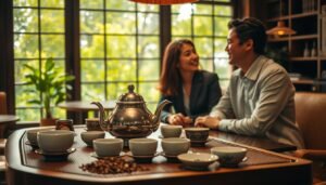 A cozy, intimate tea setting in a stylish tea house, showcasing a beautifully arranged table with traditional tea set elements like a teapot, delicate cups, and an assortment of fresh tea leaves. In the foreground, a couple dressed in professional yet casual attire smiles and engages in conversation, conveying a warm and inviting atmosphere. In the middle ground, soft lighting casts a golden hue over the scene, highlighting the rich textures of the wooden table and the intricate designs on the tea ware. The background features lush greenery visible through large windows, enhancing the serene ambiance. The overall composition evokes feelings of warmth, trust, and the importance of authenticity in the tea experience, captured in a cinematic 4:3 aspect ratio.