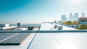 A high-angle view of a commercial building featuring modern flat roofing sheets, showcasing a sleek, reflective surface with a subtle sheen. The foreground includes various roofing materials like membranes and insulation, highlighting their energy-efficient qualities. In the middle ground, the building's rooftop is adorned with rooftop gardens and HVAC systems, illustrating integration with eco-friendly solutions. The background displays a clear blue sky and distant skyscrapers, emphasizing a modern urban environment. Soft, natural sunlight bathes the scene, creating a bright and optimistic atmosphere. The image should be clear, with sharp details to highlight the textures of the roofing sheets, conveying the benefits of modern flat roofing compared to traditional options.