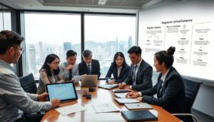A professional business setting depicting the process of registering a limited company in Hong Kong. In the foreground, a group of diverse business professionals, dressed in smart business attire, discuss documents at a modern conference table filled with paperwork, laptops, and a digital tablet displaying a flowchart of the registration process. The middle ground features a large window with a view of Hong Kong's skyline, showcasing iconic buildings and harbor. Soft, natural lighting filters through the glass, creating a bright and inviting atmosphere. The background includes a whiteboard with diagrams illustrating the benefits of hiring a corporate secretary company for efficient company registration. The mood is focused and cooperative, emphasizing professionalism and teamwork in a bustling corporate environment.