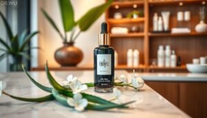 A visually appealing product display for “DR.WU Collagen Recommendation” on a sleek, modern white marble countertop. In the foreground, place an elegant bottle of DR.WU collagen serum, surrounded by natural elements like fresh aloe vera leaves and delicate white flowers. The middle section features the product’s luxurious, minimalistic branding, focusing on a sophisticated, sophisticated aesthetic that appeals to a mature audience. In the background, softly blurred, suggest a serene spa-like atmosphere with hints of greenery and polished wooden shelves filled with beauty products, softly lit by warm, inviting lighting. The overall mood is rejuvenating and inspiring, evoking a sense of youthful vitality and self-care for individuals over thirty. Use a close-up angle to enhance detail and create a captivating effect.