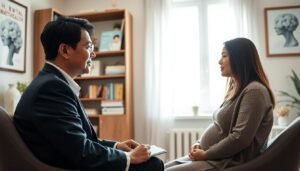 A compassionate psychiatrist, Dr. Liang Yanshan, is sitting across from a postpartum mother in a cozy, well-lit consultation room. In the foreground, Dr. Liang wears professional business attire, with a gentle expression and a notepad in hand. The middle ground features the mother, dressed in modest casual clothing, displaying a contemplative yet hopeful demeanor. Shelves with books on mental health and calming artwork adorn the background, creating a supportive atmosphere filled with soft, natural light. A large window allows sunlight to filter in, enhancing the warmth and safety of the scene. The overall mood is one of empathy and understanding, emphasizing the importance of mental health care during postpartum recovery. The composition should capture the interaction between the psychiatrist and mother, focusing on the evaluation of mental health.