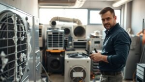 A modern air conditioning unit with visible frosting and ice buildup, signaling a malfunction due to poor ventilation issues. In the foreground, a professional technician in smart casual clothing examines the unit, pointing at the ice while holding tools. The technician's focused expression conveys determination to identify the problem. In the middle ground, a cluttered workshop environment is visible, with other HVAC equipment and ventilation ducts lined against the walls, bathed in soft, natural lighting that highlights the texture of the frost. In the background, a window shows a sunny day outside, contrasting with the cold issues at hand. The overall atmosphere is one of urgency and professionalism, emphasizing the need for prompt air conditioning repair due to ventilation problems.