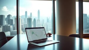 A modern office space in Wan Chai, Hong Kong, showcasing a vibrant and professional environment. In the foreground, a sleek desk with a laptop open, showing a digital map and price analysis report. The middle layer features a window with a panoramic view of the city, emphasizing iconic buildings and bustling streets. In the background, soft, natural light filters in, creating a warm and inviting atmosphere. The mood is analytical and focused, suggesting a workspace conducive to decision-making. Include a business attire-clad professional examining the spatial audit tools on the desk, capturing the essence of assessing office rental prices and locations. Use a wide-angle lens to highlight the office's spaciousness and connectivity to the urban landscape.