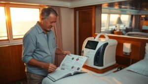 A serene cruise ship setting at sunset, showcasing a cozy cabin interior with a high-quality sleep apnea machine displayed prominently on a neatly arranged bedside table. In the foreground, a middle-aged man in modest casual clothing carefully inspects the machine, with a user-friendly manual open next to him. Soft, warm lighting filters through the cabin window, casting a gentle glow over the scene. The background features glimpses of the vast ocean and other cruise ship amenities, giving a sense of adventure and relaxation. The atmosphere is calm and organized, ideal for maintaining and caring for essential medical devices while traveling.